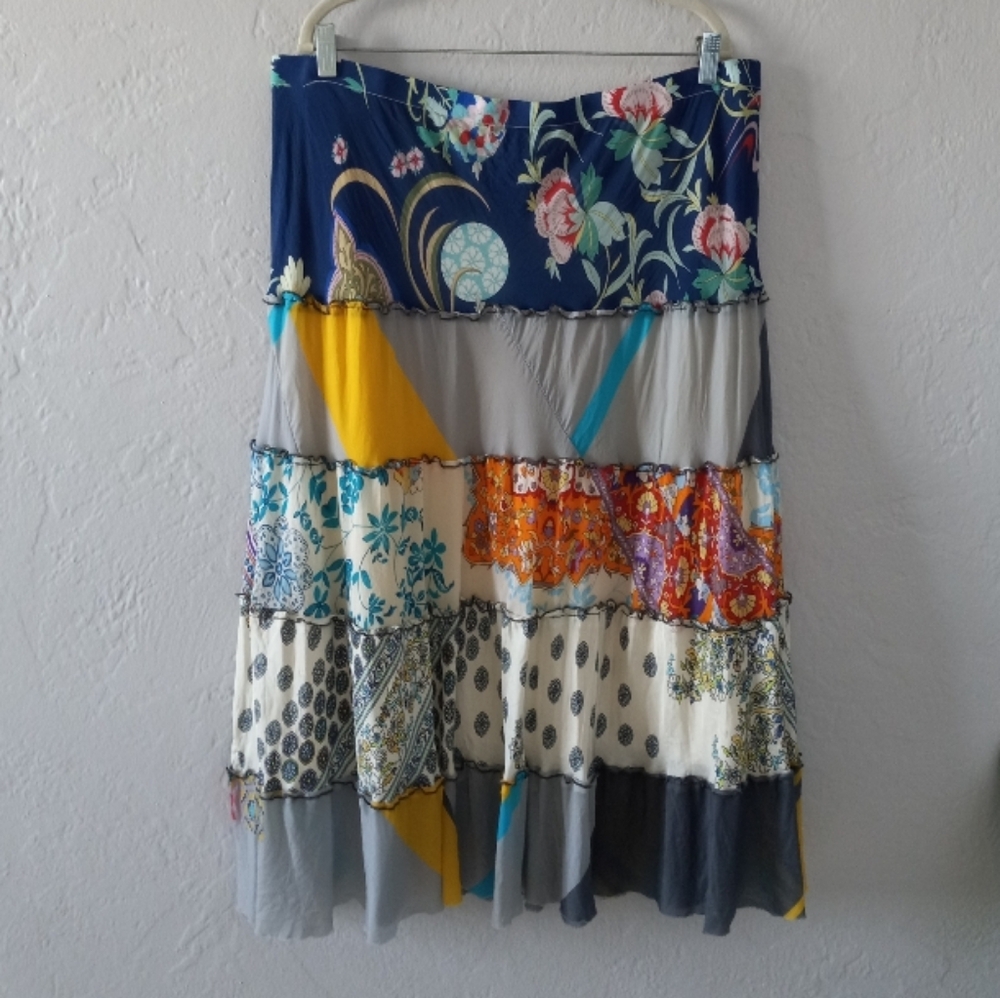 Johnny Was Navy Floral and Multicolor Patchwork Tiered Midi Skirt